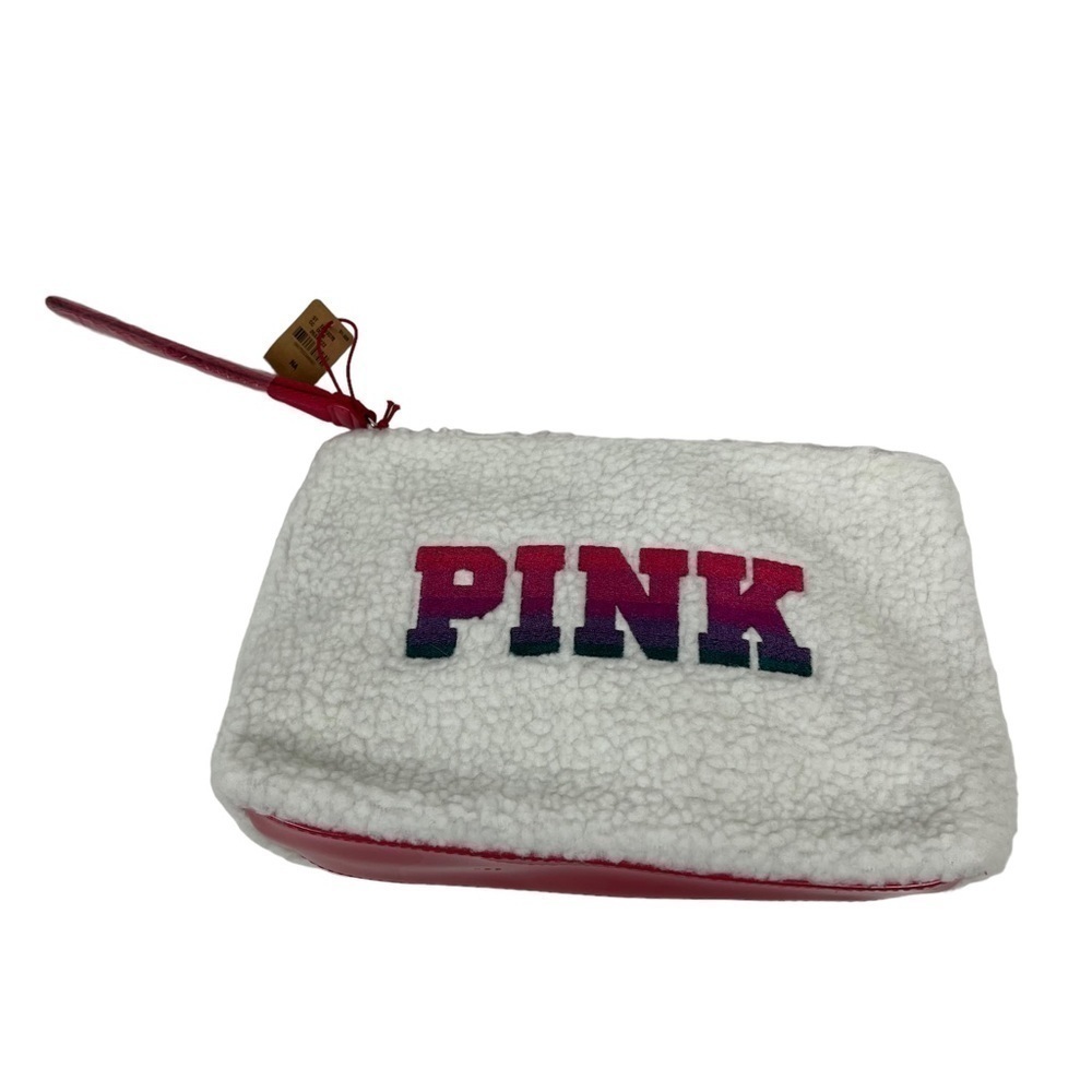 PINK VICTORIA’S SECRET Hand Wallet/Wristlet White Multi Color Letter Zip 11”x7”